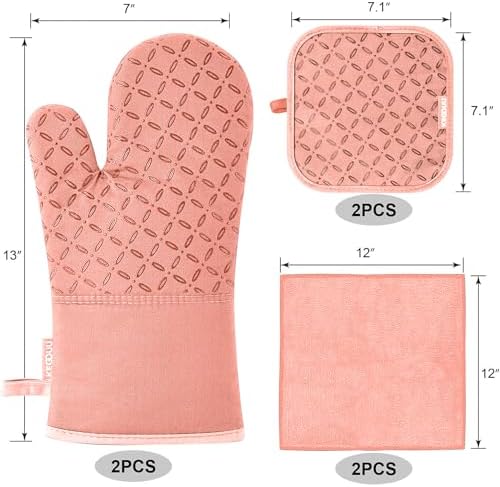 KEGOUU Oven Mitts and Pot Holders 6pcs Set, Kitchen Oven Glove High Heat Resistant 500 Degree Extra Long Oven Mitts and Potholder with Non-Slip Silicone Surface for Cooking (Pink)