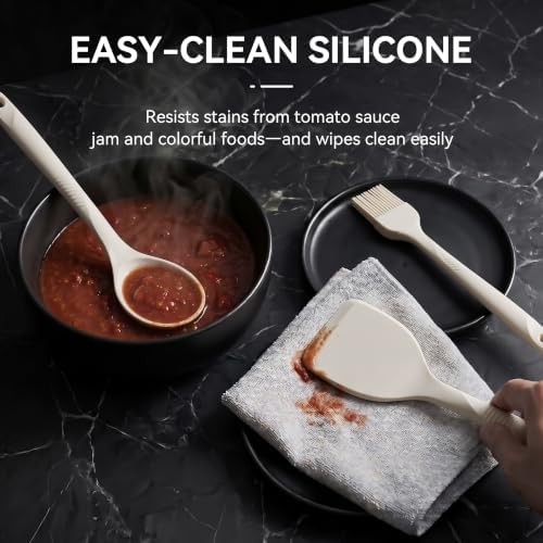 Silicone Cooking Utensils Set - 600°F Heat Resistant, Nonstick Kitchen Utensil Set with Spatulas, Spoons, Whisk, Tongs, BPA Free, Dishwasher Safe, Cream White