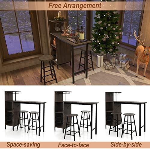 COSTWAY 3 Pieces Bar Table and Chair Set, Industrial Pub Table & Stools with Wine Glass Holders & 6-Bottle Wine Racks, Counter Height Dining Table Set for Living Room Dining Room Kitchen, Brown
