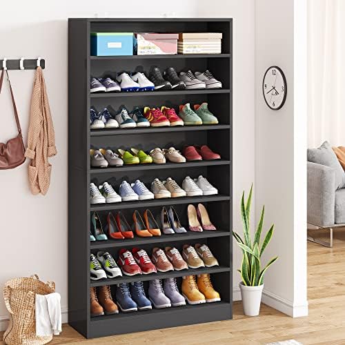 Tribesigns Shoe Cabinet, 9 Tiers 40-45 Pairs Heavy Duty Wood Freestanding Shoe Storage Cabinet, 70.8'' Tall Shoe Cabinet with Open Storage for Entryway, Black