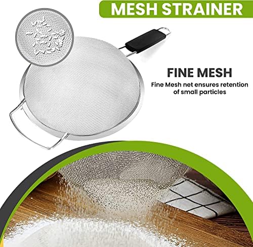 9" Large Fine Mesh Strainer with Thermo Plastic Rubber Handle - Sieve Fine Mesh Stainless Steel - Ideal Kitchen Essential to Strain Pasta, Quinoa and Rice