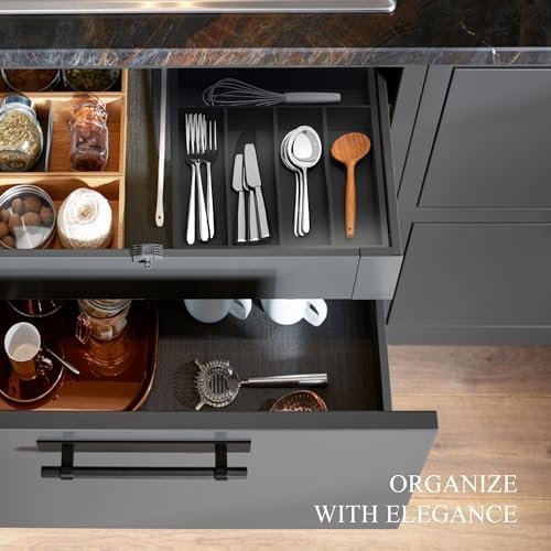 Bamboo Kitchen Sliverware Drawer Organizer (Black, 9.5''W x 13.5''D)