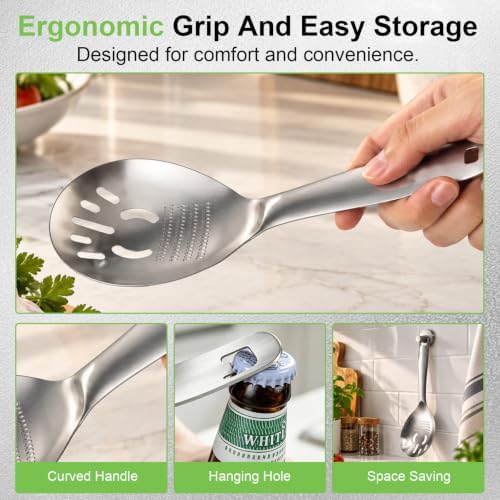 5-in-1 Stainless Steel Cooking Spoon, Multifunctional Kitchen Spoons with Potato Garlic Masher, Egg Yolk Separator, Grater Plate & Metal Slotted Scoop for Stirring Mashing