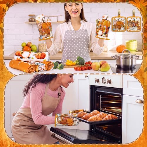 Fanfanwin 10 Pcs Fall Pumpkin Kitchen Decor Set Kitchen Towels Pot Holders Oven Mitts and Rugs Set Thanksgiving Towels for Baking Cooking BBQ Autumn Home(Maple Leaf,White, Orange,10)