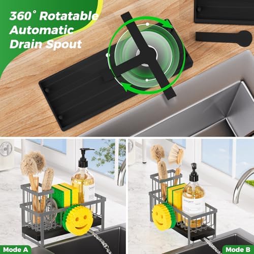Sponge Holder for Kitchen Sink,Sink Caddy with Removable Dish Brush Holder,Self-Draining Kitchen Countertop Organizers and Storage Essentials,Soap Dispenser Organize and Home Decor-Gray