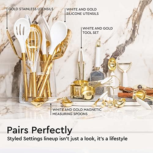 White and Gold Measuring Cups and Spoons Set – 8-Piece Stackable Stainless Steel Measuring Set – Stylish Gold Kitchen Accessories for Precise Baking and Cooking, Ideal Gift for Bakers and Chefs