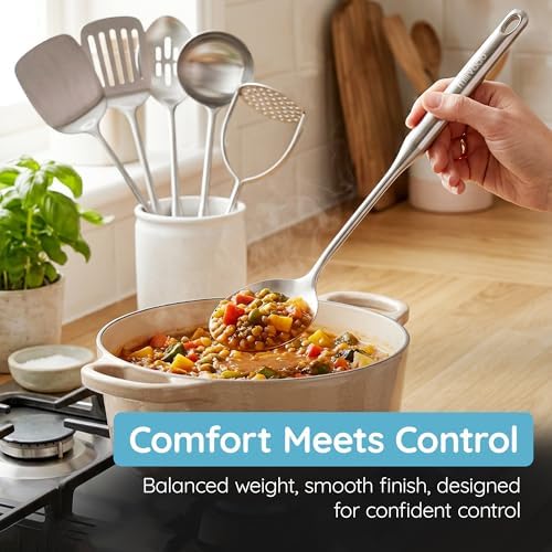 Millvado Stainless Steel Kitchen Utensil Set, Cooking Utensils, Set of 6 Kitchen Tools, Solid Spoon, Slotted Spoon, Solid Turner, Slotted Turner, Soup Ladle, Potato Masher, Dishwasher Safe