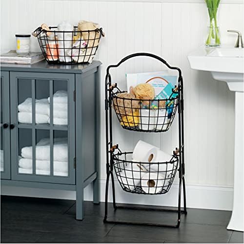 Gourmet Basics by Mikasa 5184916 Harbor Adjustable 3-Tier Metal Floor Standing Fruit/Home Storage Basket, Antique/Distressed Black and Copper
