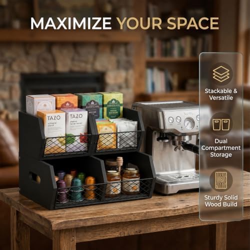 Wood Potato and Onion Storage Bins, Stackable Pantry Organizer, Rustic Produce Storage Baskets for Vegetable, Fruit and Snack, Black