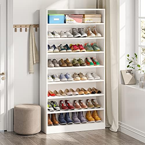 Tribesigns Shoe Cabinet, 9 Tiers 40-45 Pairs Heavy Duty Wood Freestanding Shoe Storage Cabinet, 70.8'' Tall Shoe Organizer with Open Storage for Entryway, White