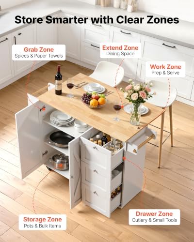 VEVOR Kitchen Island Cart, 45.3x39 inch Rolling Kitchen Table, Mobile Carts with Storage Cabinet and Solid Wood Top, Portable Islands with Wheels, Spice Rack, Towel Rack, Drop Leaf and Drawer, White