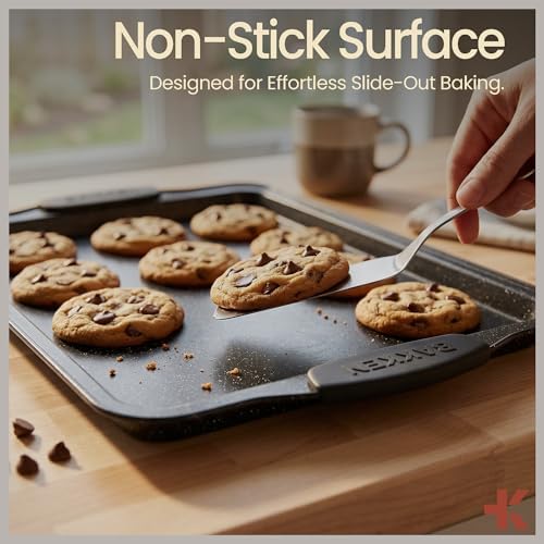 BAKKEN 8-Piece Kitchen Oven Baking Pans Set - Deluxe Nonstick Gray Marble Coating, Professional Grade Carbon Steel Bakeware with Silicone Handles - Oven, Dishwasher, and Freezer Safe