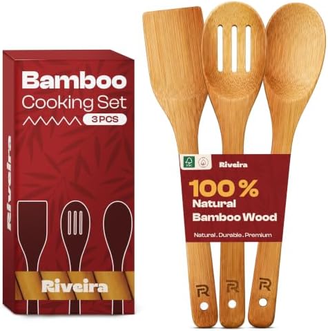 Riveira Bamboo Wooden Spoons for Cooking 3-Piece, Apartment Essentials Wood Spatula Spoon Nonstick Kitchen Utensil Set Premium Quality Housewarming Gifts for Everyday Use