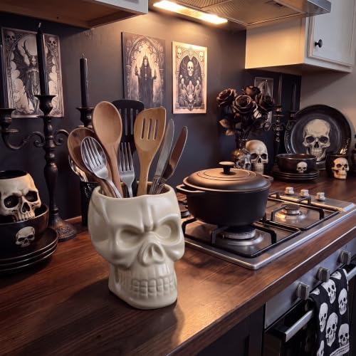 Yungyan Ceramic Skull Utensil Holder for Kitchen Gothic Kitchen Accessories