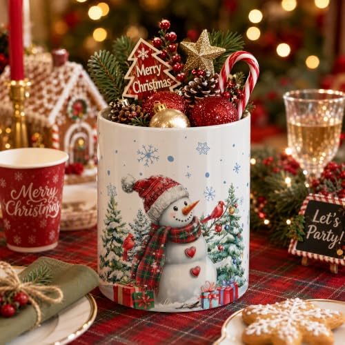 Christmas Snowman Ceramic Utensil Crock, Farmhouse Xmas Kitchen Utensil Holder, Christmas Decor Caddy for Spatulas & Baking Gadgets Storage Organizer, Winter Snowman with Cardinal Birds