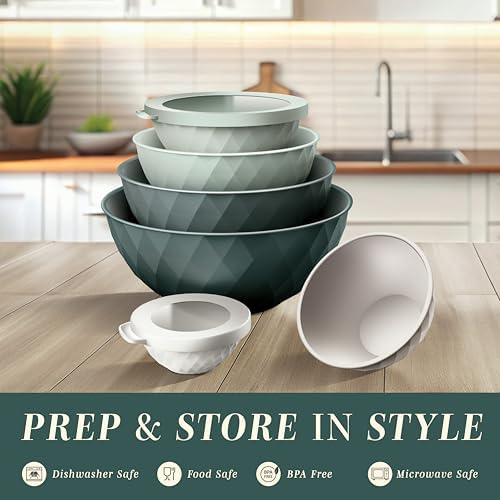 COOK WITH COLOR Mixing Bowls with Lids - 12 Piece Plastic Nesting Bowls Set includes 6 Prep Bowls and 6 Lids, Microwave Safe Mixing Bowl Set, Green Diamond