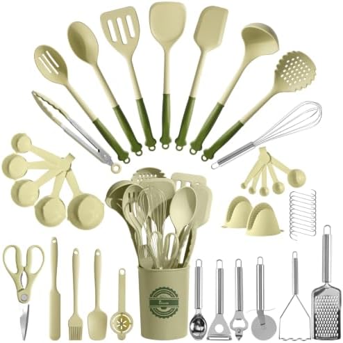 Kikcoin 43 PCS Silicone Kitchen Utensils Set, Dishwasher Safe Kitchen Cooking Utensils Set, 446°F Spatulas Silicone Heat Resistant, Non Toxic Silicone Utensils Set With Two-Tone Grip Handles, Green