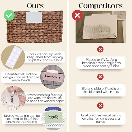 Hygge & Sage: Metal Non-Slip Basket Labels Clip On for Storage Bins, or Wire Racks | Includes 8 Labels, 8 Non-Slip Pads, and 1 Free Marker (White)