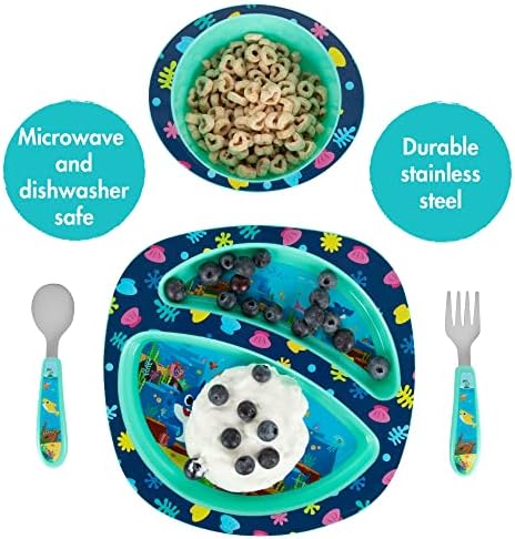 First Years Baby Shark Toddler Dinnerware Set - Includes Plate, Bowl, Fork and Spoon - 4 Count, Blue