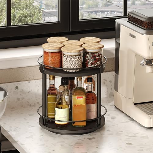 YATINEY Lazy Susan Organizer, Rotating Spice Rack, 2 Tier Spice Turntable Organizer, Industrial Turntable Spice Holder, for Kitchen Countertop and Cabinet, Compact and Versatile, Black SR22BK
