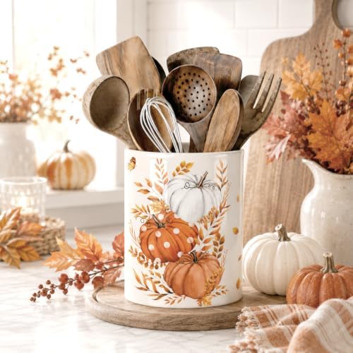 Fall Pumpkin Utensil Holder, Orange Autumn Decor Large Ceramic Utensil Holder For Kitchen Organizer, Farm 6.3'' Cooking Utensil Crocks Rustic Decor Utensil Storage Cup for Countertop