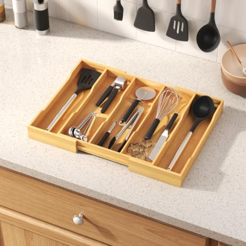 Lifewit Bamboo Utensil Organizer for Kitchen Drawer, Cooking Utensil Tray