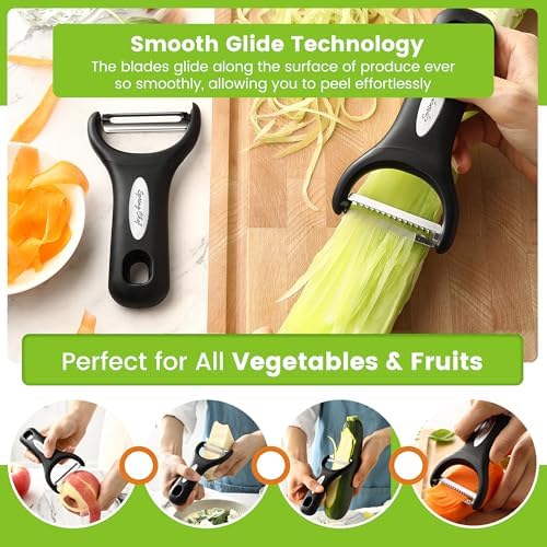 Spring Chef Premium Y & Vegetable Julienne Peeler Set for Kitchen with Stainless Steel Sharp Blades - Carrot Peelers with Comfortable Handles - Perfect for Zucchini, Cucumber, Papaya, Potato - Black