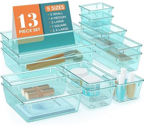 13 PCS Plastic Drawer Organizers Set, 4 Size Desk Drawer Organizer Trays