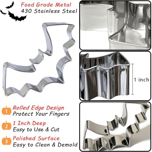 Halloween Cookie Cutters Set 7Pcs Large - Bat Pumpkin Magic Hat Cat Cookie Cutter, Sturdy Easy to Clean & Demold Pancake Dough Molds for Halloween Baking
