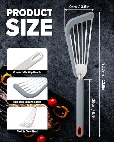 Fish Spatula Turner,Thin Slotted,Stainless Steel With Silicone Edge,2 Pack