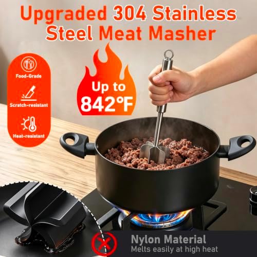 TRELC 304 Stainless Steel Meat Masher, 6 Blade Ground Beef Chopper Tool
