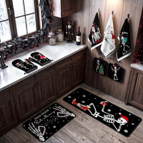 Fanfanwin 10 Pcs Christmas Skeleton Kitchen Decor and Accessories Set Kitchen Towels Pot Holders Oven Mitts Rugs and Tape for Baking Cooking BBQ Festive Housewarming Gifts