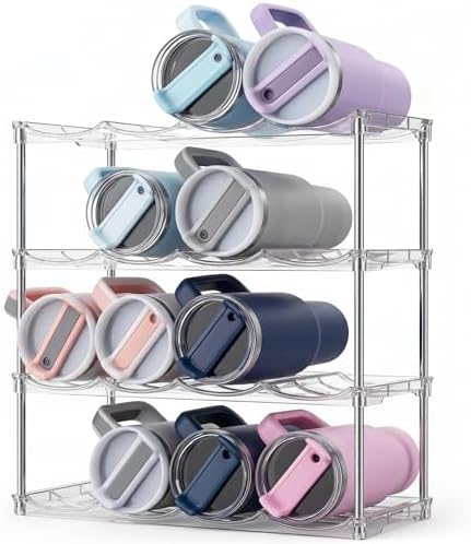 Stackable Water Bottle Organizer 4 Tier Holds 16 Bottles, Storage Rack for Stanley 40oz Cups & Tumblers, Water Bottle Organizer Cabinet Holder for Kitchen, Pantry, Fridge, Shaker Bottle Storage Rack