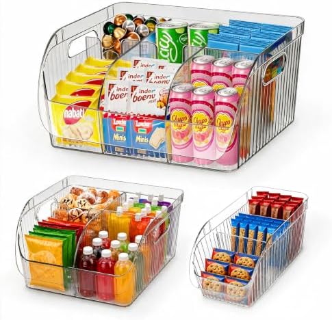 3 Pack Adjustable Dividers Storage Bins, Clear Pantry Organizers Boxes Set