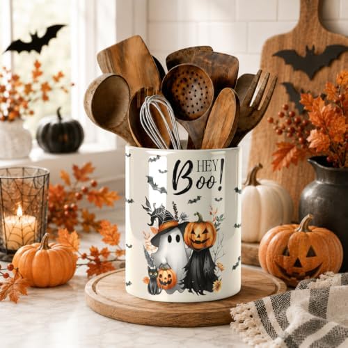 Halloween Cute Ghost Kitchen Utensil Holder, Pumpkin Talavera Large Ceramic Utensil Holder For Countertop Organizer, Summer 6.3'' Cooking Utensil Crocks Scarry Decor Utensil Storage Cup for Kitchen