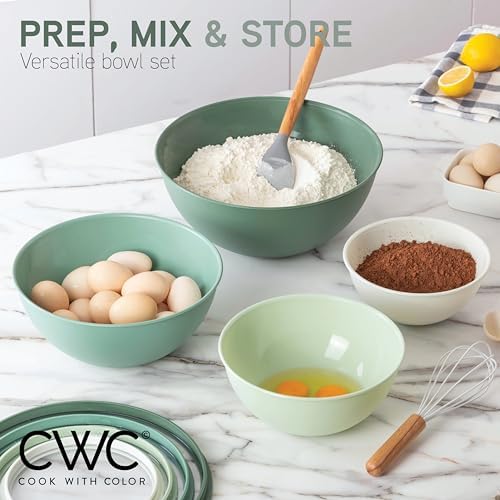 COOK WITH COLOR Mixing Bowls with Lids - 12 Piece Plastic Nesting Bowls Set includes 6 Prep Bowls and 6 Lids, Microwave Safe Mixing Bowl Set, Sage Tritan Lid