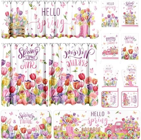 13 Pcs Hello Spring Kitchen Decor Set 3 Floral Kitchen Curtains Valance 2 Tulip Rugs and Mats 4 Spring Hand Towels 2 Paste Pot Holders 2 Oven Mitts for Home Decor Cooking Grilling Housewarming Gift