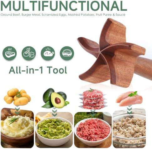 Natural Wooden Meat Chopper, 10.5 Inches Ground Beef Chopper