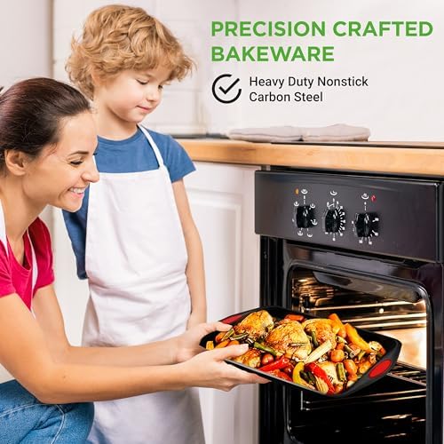 NutriChef 6-Piece Baking Pan Set - PFOA, PFOS, PTFE Free Flexible Nonstick Black Coating Carbon Steel Bakeware - Professional Home Kitchen Bake Cookie Sheet Stackable Tray w/Red Silicone Handles