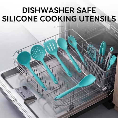 Silicone Cooking Utensils Set - 600°F Heat Resistant, Nonstick Kitchen Utensil Set with Spatulas, Spoons, Whisk, Tongs, BPA Free, Dishwasher Safe (Teal)