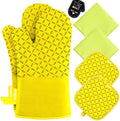 KEGOUU Oven Mitts and Pot Holders 6pcs Set, Kitchen Oven Glove High Heat Resistant 500 Degree Extra Long Oven Mitts and Potholder with Non-Slip Silicone Surface for Cooking (Yellow)