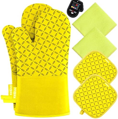 KEGOUU Oven Mitts and Pot Holders 6pcs Set, Kitchen Oven Glove High Heat Resistant 500 Degree Extra Long Oven Mitts and Potholder with Non-Slip Silicone Surface for Cooking (Yellow)