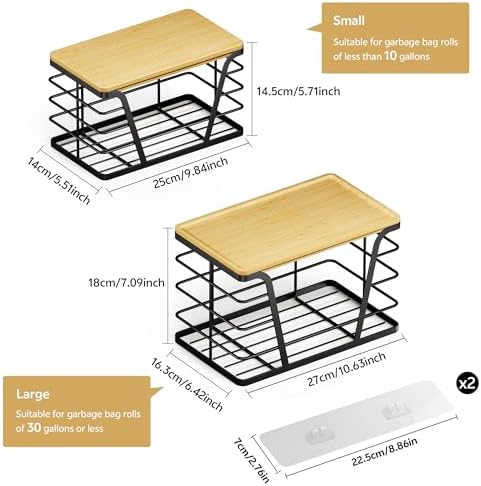TIDIIABODE 2 Pack Stackable Storage Laundry Kitchen Organizers, Wall Mount Trash Bag Holder with Bamboo Top and Garbage Bag Dispenser No Drill