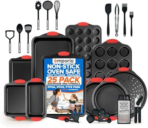 Emporio Kitchen Baking Pan Set - Nonstick Coating, Carbon Steel Bakeware Set with Red Silicone Handles, PFOA, PFOS, PTFE Free, Recipe Booklet Included, Oven Safe Tray (Up To 450° F), Set of 25 - Black