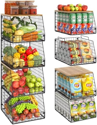 Jakyitvi 4 Pack Stackable Wire Baskets with Fixed Wooden Top, Vegetable Fruit Storage Bins for Onion Potato Snack, Pantry Baskets for Kitchen Cabinet Countertop, Pantry Organizers and Storage Rack