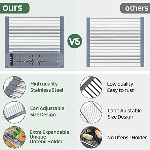 BBXTYLY Expandable Roll Up Dish Drying Rack,Over The Sink Drying Rack Sink Kitchen Accessories Rolling up Stainless Steel Drainer, Foldable with Removable Utensil Holder(Gray)