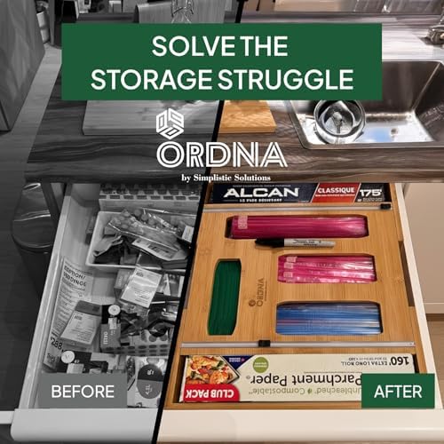 3" Slim 6-in-1 Expandable Storage Bag Organizer Kitchen Drawer - Bamboo Baggie Organizer for Drawer, Aluminum Foil & Saran Wrap Cutter, Plastic, Gallon, Quart & Sandwich Bags (11.5"-17.63" Wide)