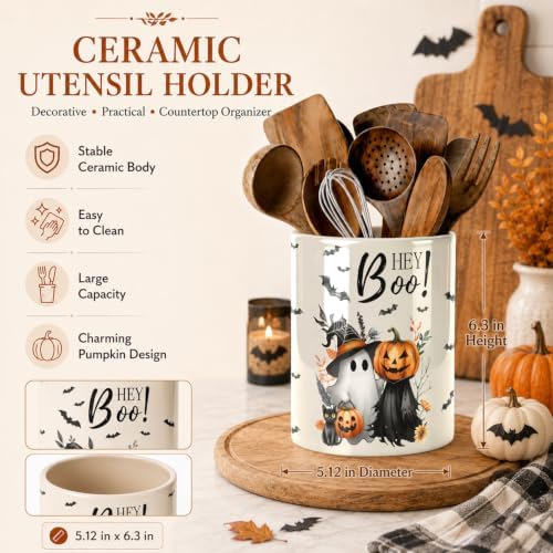Halloween Cute Ghost Kitchen Utensil Holder, Pumpkin Talavera Large Ceramic Utensil Holder For Countertop Organizer, Summer 6.3'' Cooking Utensil Crocks Scarry Decor Utensil Storage Cup for Kitchen