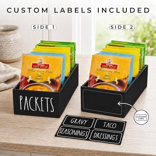 Seasoning Packet Organizer, Pantry Organizer, Food Packet Storage Organizers, Modern Farmhouse Kitchen Organization Bins for Food Mixes, Spices, Gravy, Taco, and Dressings Packets (Black)