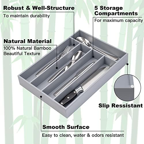Besilord Bamboo Silverware Holder - Drawer Organizer with 5 Slots (Gray)